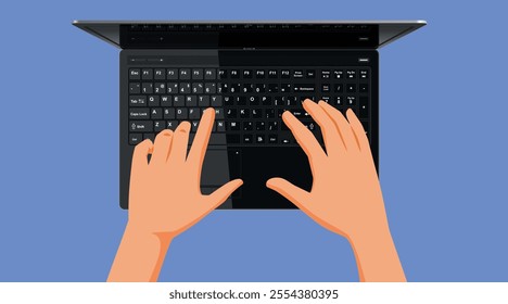
Hands Typing at a Laptop Vector Cartoon Illustration. Person working at the computer writing or coding 
