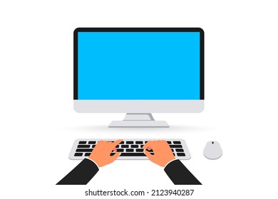 Hands typing on computer. Computer keyboard with blank monitor screen.Work in PC, writing code, planning financial report, online education, conference, coding, watch video, chatting and communication