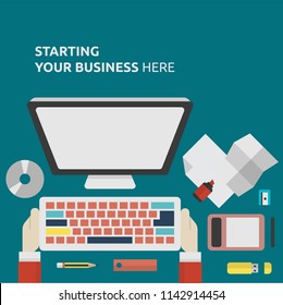 Hands typing on computer laptop keyboard in office workspace with flat design vector illustration 
