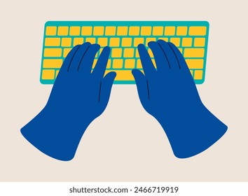 Hands typing on a keyboard. Colorful vector illustration