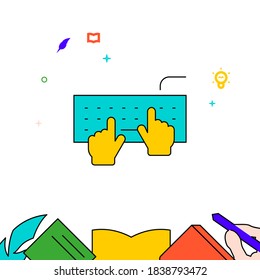 Hands typing on the keyboard filled line vector icon, simple illustration, education and creativity related bottom border.