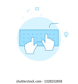 Hands Typing on Keyboard Flat Vector Icon. Working or Programming Related Illustration. Light Flat Style. Blue Monochrome Design. Editable Stroke. Adjust Line Weight. Design with Pixel Perfection.
