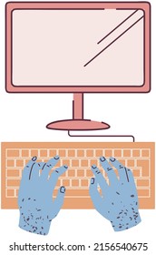 Hands typing on keyboard next to monitor. Device for entering information into computer. Human hands press buttons on keyboard. Organization of home or office workplace with desk and garniture