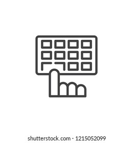 Hands typing on keyboard outline icon linear style sign for mobile concept and web design. Computer keyboard and finger simple line vector icon. Symbol logo illustration. Pixel perfect vector graphics
