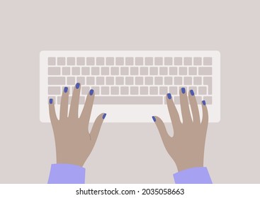 Hands typing on a keyboard, top view, daily office routine