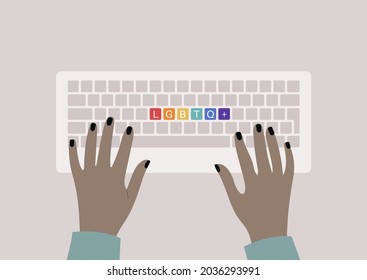 Hands typing on a keyboard, top view, rainbow buttons with an LGBTQ+ sign, queer community support