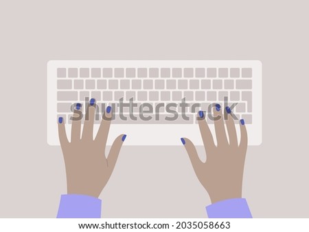 Hands typing on a keyboard, top view, daily office routine