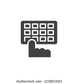 Hands typing on keyboard vector icon. filled flat sign for mobile concept and web design. Computer keyboard and finger simple solid icon. Symbol, logo illustration. Pixel perfect vector graphics