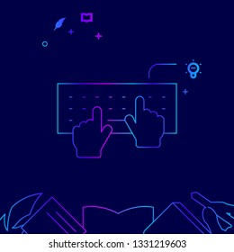 Hands Typing on Keyboard Vector Line Illustration. Writing, Authors, Education Gradient Icon, Symbol, Pictogram, Sign. Dark Blue Background. Light Abstract Geometric Background. Related Bottom Border