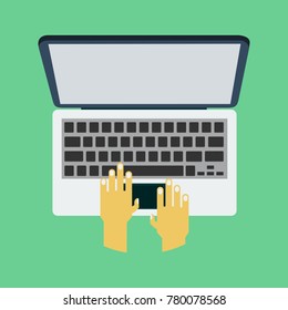 Hands are typing on a laptop. 