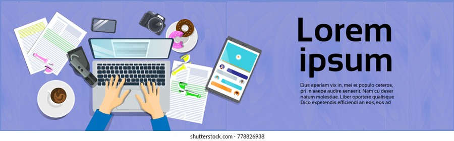 Hands Typing On Laptop Computer, Top View On Desk With Digital Tablet And Smart Phone Workplace Concept Horizontal Banner Flat Vector Illustration
