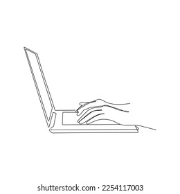 Hands typing on laptop. Continuous one line drawing. Work, study concept. Vector illustration.