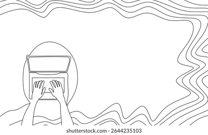 Hands typing on laptop. Continuous one line drawing. Work, study concept. Hand drawn vector illustration.	