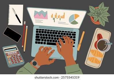 Hands typing on laptop with finance analysis data on the screen. Top view of work desk with computer, calculator, notebook, pencils and coffee cup with croissants on tray. Finance concept vector art