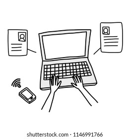 Hands typing on laptop keyboard. Social connection and e-commerce concept with live chat windows, smartphone, WiFi signal, and online communication through computer. Workspace desk. Hand-drawn vector.