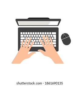 Hands are typing on the laptop keyboard, computer, top view. Vector illustration, flat cartoon color design, isolated on white background, eps 10.