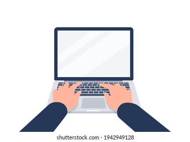 Hands are typing on the laptop keyboard. Using digital laptop. Vector flat illustration.