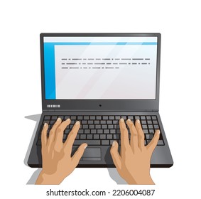Hands Typing on Laptop Keyboard, vector illustration isolated on white background