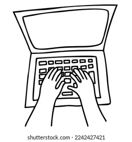 Hands typing on laptop keyboard. Vector illustration in doodle style