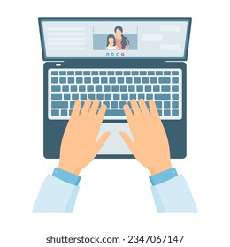 Hands are typing on the laptop keyboard. Using digital laptop. Online consultation. Freelancer, developer or designer workplace.Vector flat illustration.
