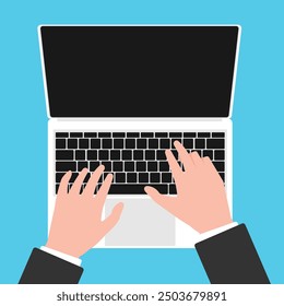 Hands typing on laptop keyboard, Top view man working with laptop computer.