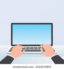 Hands typing on laptop keyboard. Working on laptop. Notebook blank screen	
