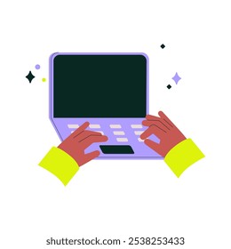 Hands Typing On Laptop Keyboard In Flat Vector Illustration Symbolizing Communication, Digital Work, And Online Interaction, Isolated On White Background
