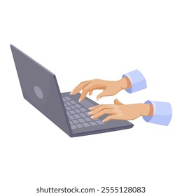 Hands typing on a laptop keyboard in a flat style. Vector illustration