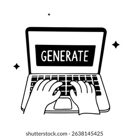 Hands typing on a laptop keyboard, the screen says “generate”. Vector linear sketch in the style of a doodle about Artificial Intelligence