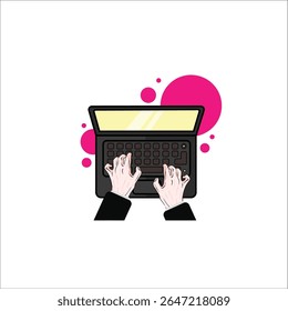 Hands typing on laptop keyboard on screen. Concept of people working hard