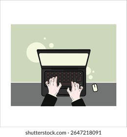 Hands typing on laptop keyboard on screen. Concept of people working hard