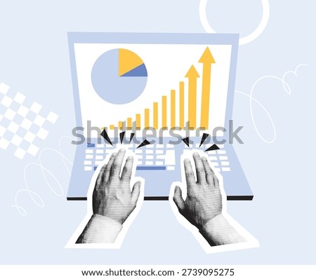 Hands typing on laptop keyboard with financial charts and upward growth arrows displayed on screen. Flat vector illustration with halftone texture. Business analytics and financial growth concept for