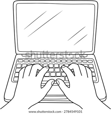 Hands Typing on Laptop Keyboard Line Art Vector Illustration