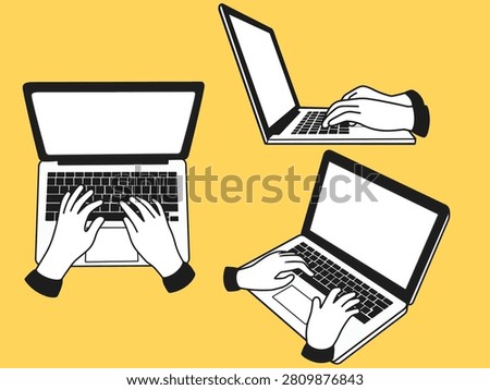 Hands Typing on Laptop Keyboard Doodle Icon Flat Vector Illustration Isolated