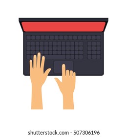 hands typing on laptop with red screen