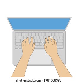 Hands are typing on a laptop. Texting on the keyboard top view. Vector illustration isolated on white background