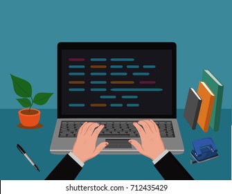 hands typing on laptop, vector illustration