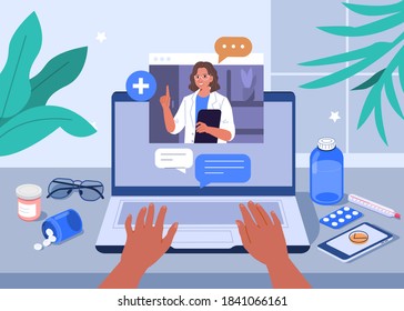 
Hands Typing on Laptop with Video Call on Screen. Patient having Online Conversation with Doctor. Modern Health Care Services and Online Telemedicine Concept. Flat Cartoon Vector Illustration. 