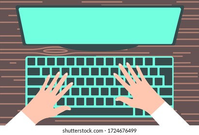 Hands are typing on a neon, glowing computer keyboard. Vector illustration, flat cartoon, eps 10.