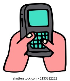 hands typing on an old mobile phone,