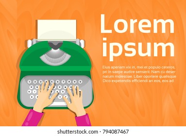 Hands Typing On Vintage Typewriter Top Angle View Flat Vector Illustration