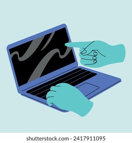 Hands typing and showing gestures with laptops vector illustration in hand drawn style for poster, banner, print.