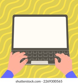 Hands typing text with keyboard. Laptop screen contains important information. PC contains main message. Updates Presented on computer monitor. Bright colored background.