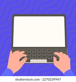 Hands typing text with keyboard. Laptop screen contains important information. PC contains main message. Updates Presented on computer monitor. Bright colored background.