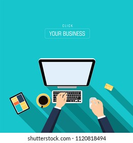 Hands typing text on the computer laptop keyboard and using smartphone,calculator,tablet for communication. Technology and business concept. Online shopping. Flat icon style.
