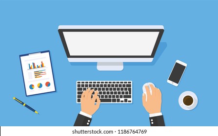 Hands typing text on the computer keyboard. Technology and business concept - stock vector.