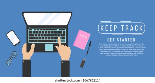 Hands typing text on computer keyboard.Top view with table,laptop,glasses,tablet,calculator,notepad and coffee.Programmer coding on laptop computer.Realistic workplace organization.Vector illustration