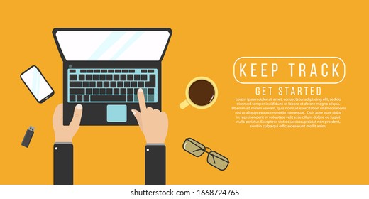 Hands typing text on computer keyboard.Top view with table,laptop,glasses,tablet, notepad and coffee.Programmer coding on laptop computer.Realistic workplace organization. Vector illustration 