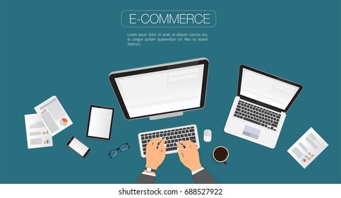 Hands typing text on the computer laptop keyboard and using smartphone, tablet for communication. Technology and business concept. Online shopping.