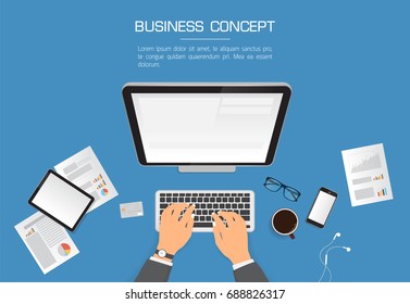 Hands typing text on the computer laptop keyboard and using smartphone, tablet for communication. Technology and business concept. Online shopping.